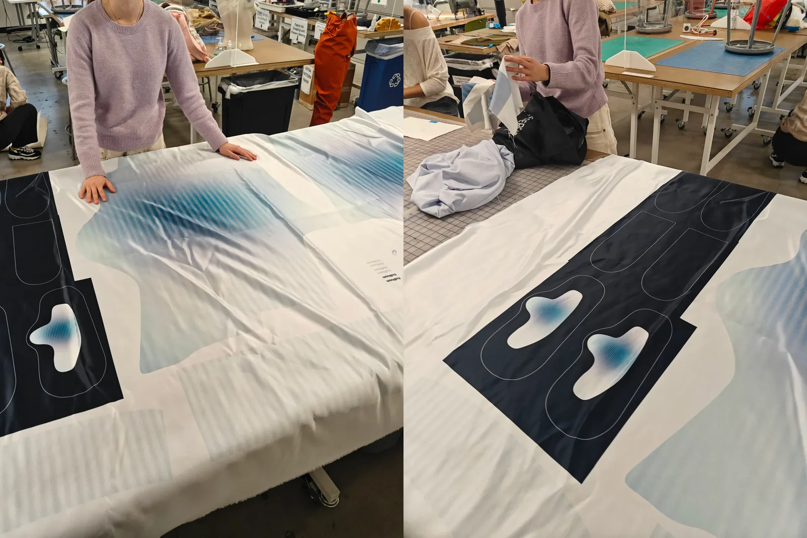 Picture of the printed pattern for the shoes and the pants in the ArtCenter sewing lab