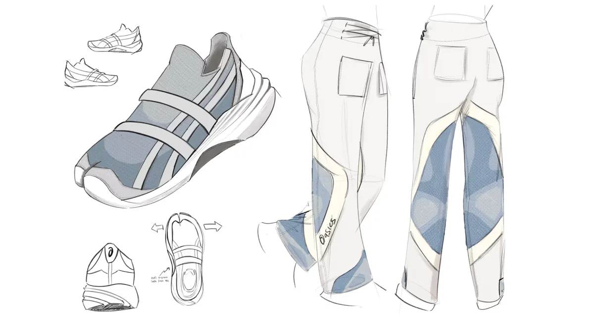 Initial sketches of the pants and shoes indicating where recovery should target