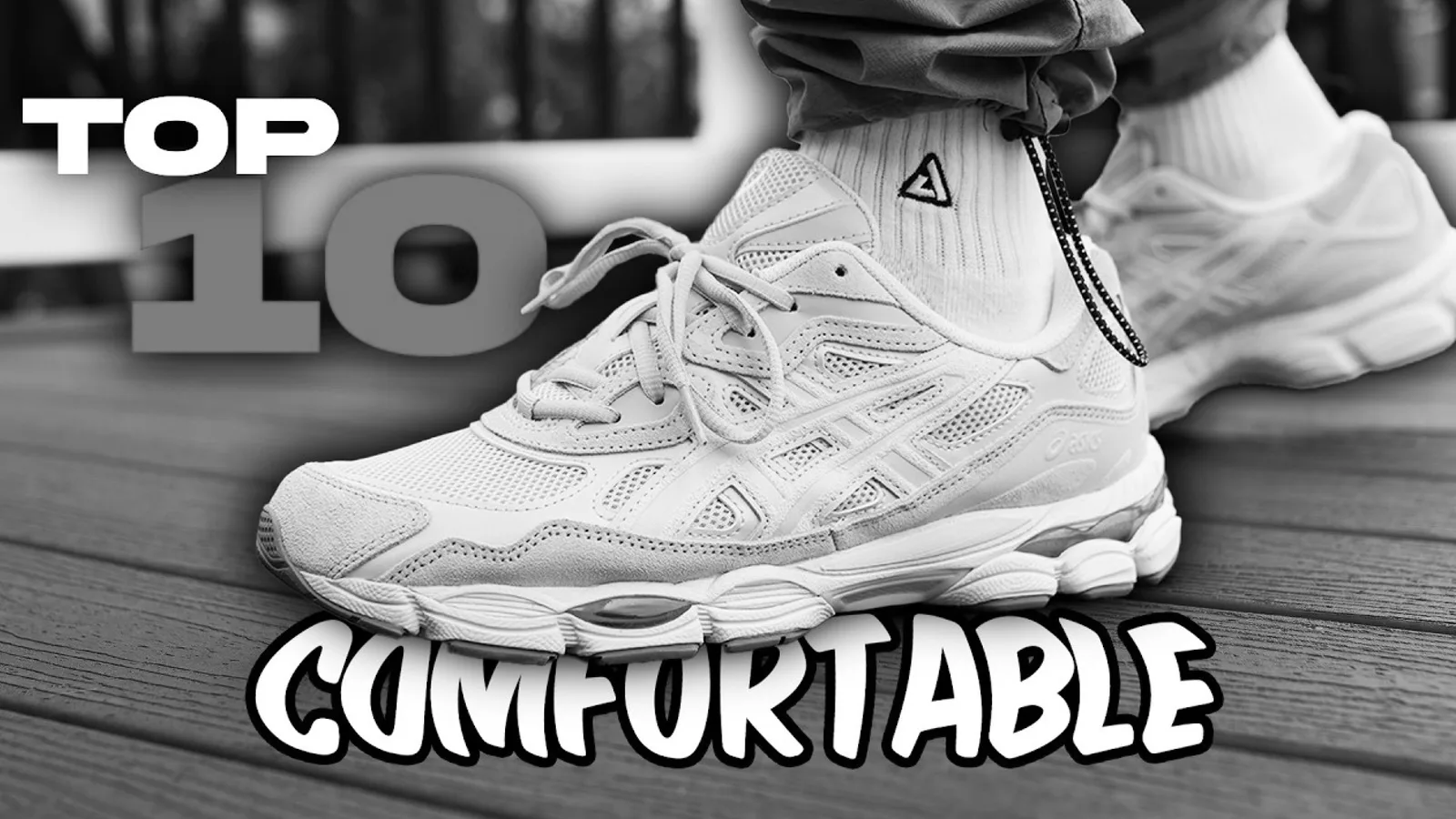 A picture of Asics being the cover shoe of a youtube video talking about most comfortable shoes
