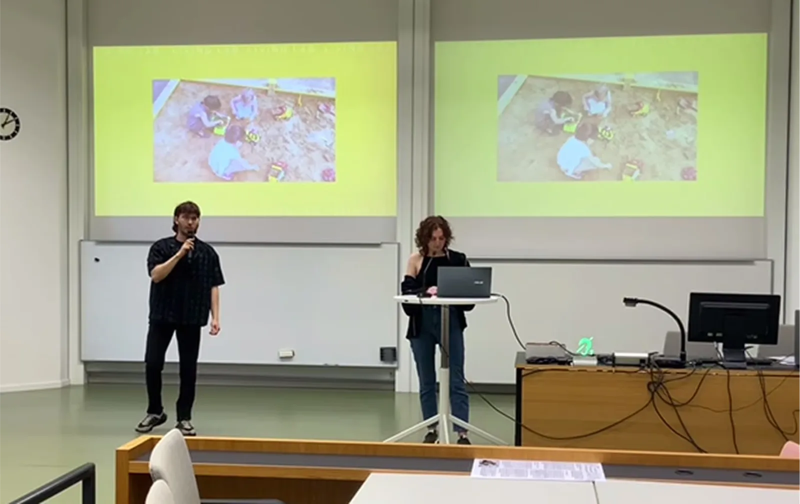 A picture of Radovan delivering the pitch in a test classroom