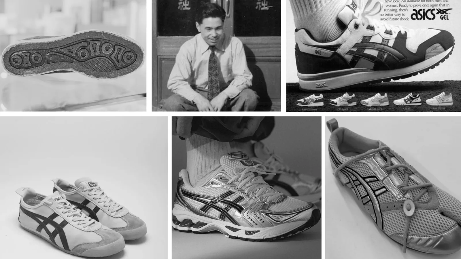 Black and white pictures of the asics history and their old shoes and marketing material