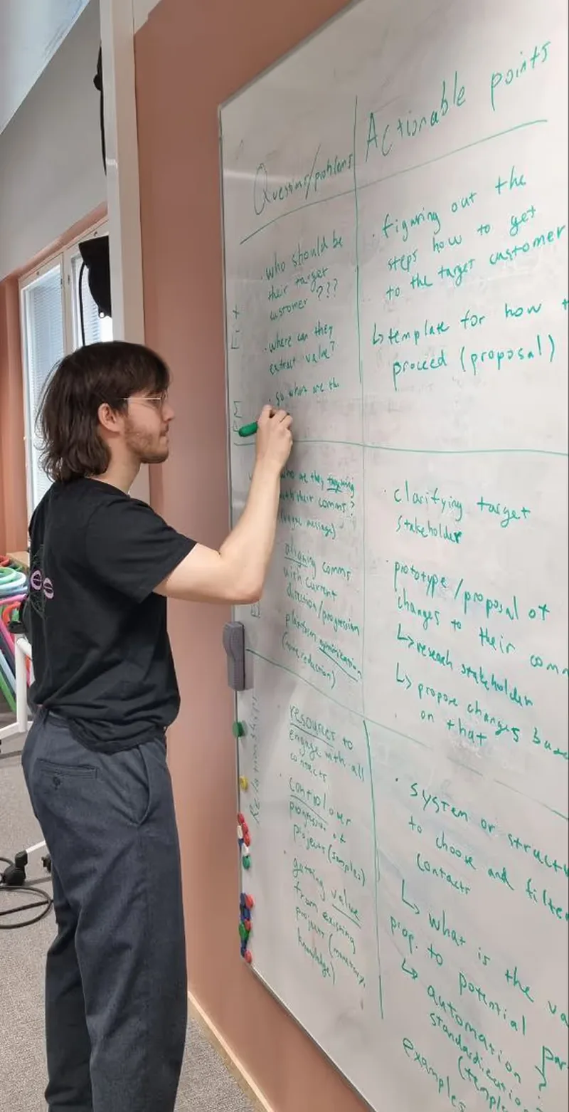 Closeup picture of Radovan working on a whiteboard sketching out the pivot